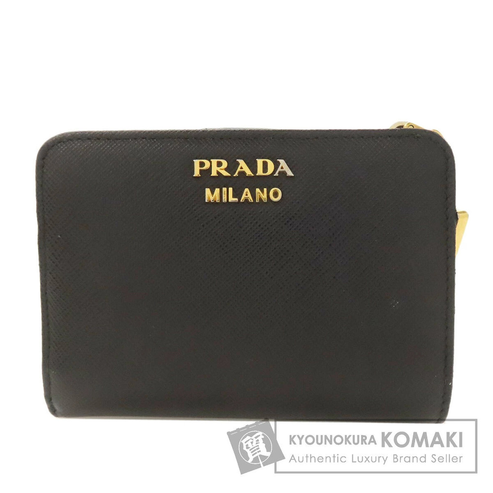Prada Triangle Charm Bifold Wallet Coin Purse Saffiano Leather Black Brown
